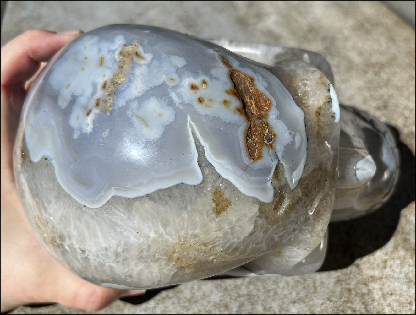 LifeSize Blue-Grey Agate GEODE Crystal Skull with Hematite+Chlorite inclusions, Sparkly Crystalline Formations