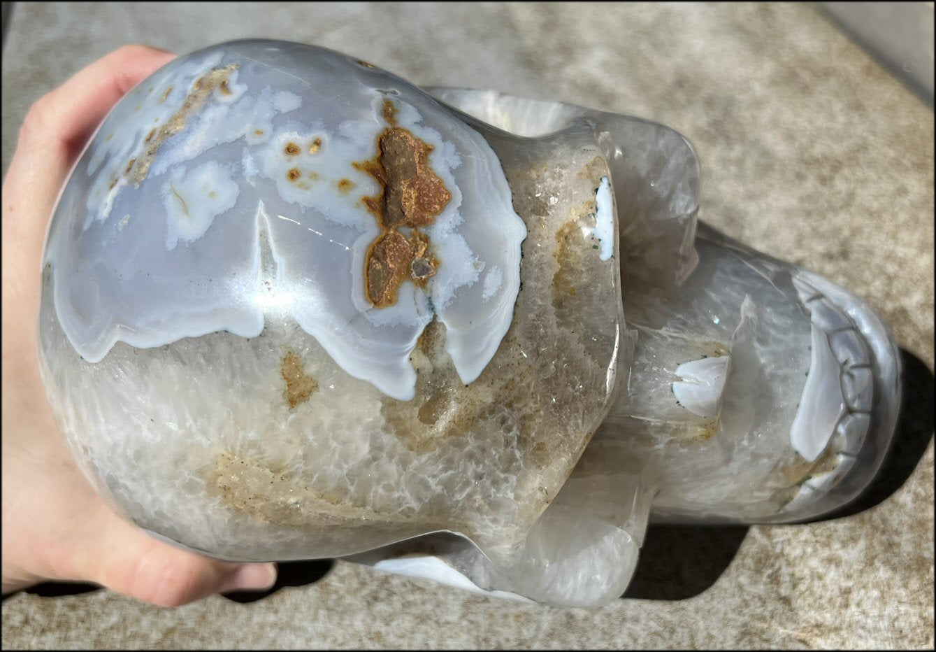 LifeSize Blue-Grey Agate GEODE Crystal Skull with Hematite+Chlorite inclusions, Sparkly Crystalline Formations