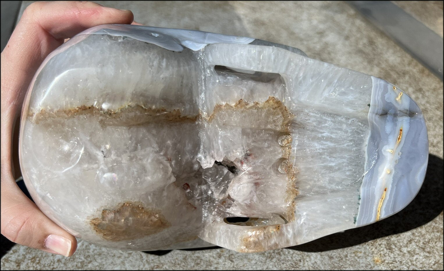 LifeSize Blue-Grey Agate GEODE Crystal Skull with Hematite+Chlorite inclusions, Sparkly Crystalline Formations