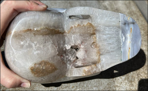 LifeSize Blue-Grey Agate GEODE Crystal Skull with Hematite+Chlorite inclusions, Sparkly Crystalline Formations