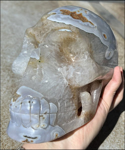 LifeSize Blue-Grey Agate GEODE Crystal Skull with Hematite+Chlorite inclusions, Sparkly Crystalline Formations