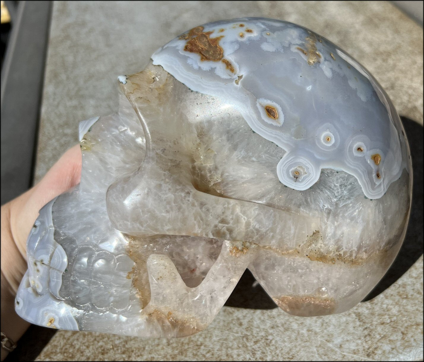 LifeSize Blue-Grey Agate GEODE Crystal Skull with Hematite+Chlorite inclusions, Sparkly Crystalline Formations