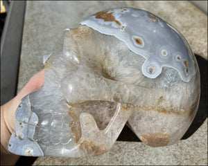 LifeSize Blue-Grey Agate GEODE Crystal Skull with Hematite+Chlorite inclusions, Sparkly Crystalline Formations