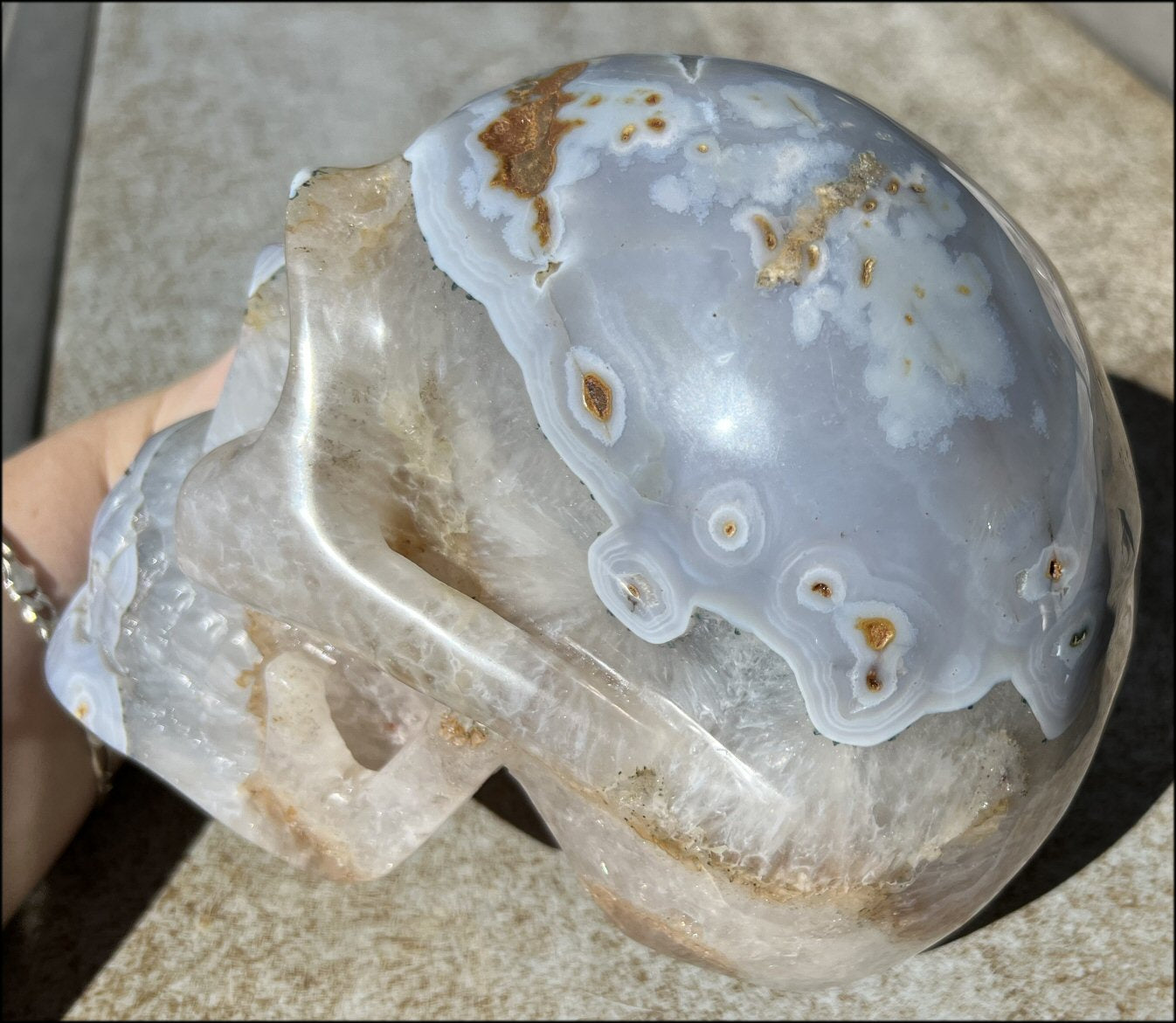 LifeSize Blue-Grey Agate GEODE Crystal Skull with Hematite+Chlorite inclusions, Sparkly Crystalline Formations