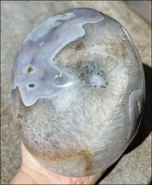 LifeSize Blue-Grey Agate GEODE Crystal Skull with Hematite+Chlorite inclusions, Sparkly Crystalline Formations