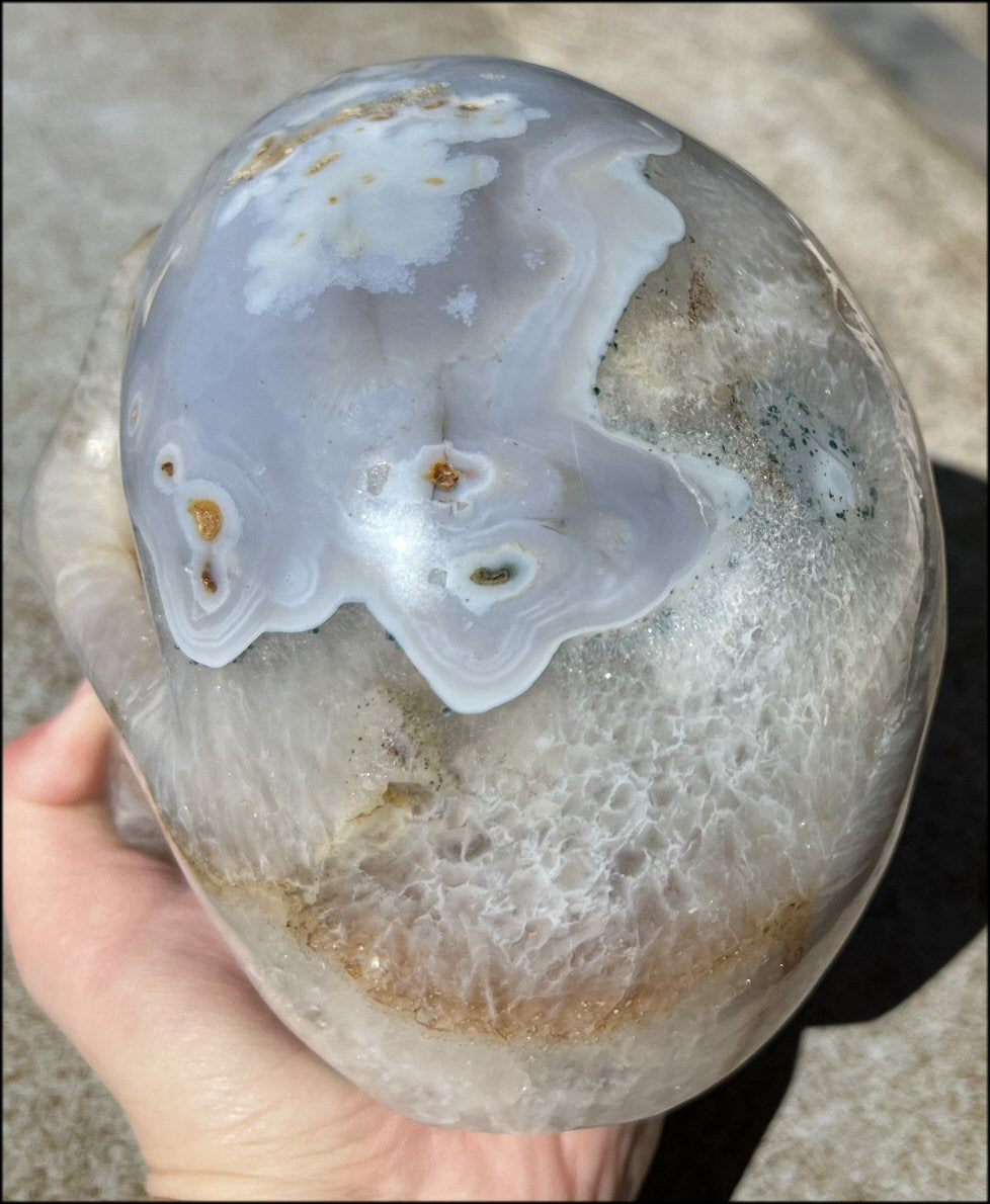 LifeSize Blue-Grey Agate GEODE Crystal Skull with Hematite+Chlorite inclusions, Sparkly Crystalline Formations