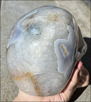 LifeSize Blue-Grey Agate GEODE Crystal Skull with Hematite+Chlorite inclusions, Sparkly Crystalline Formations