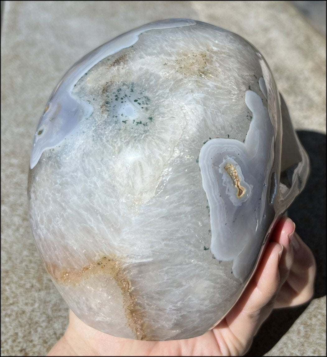 LifeSize Blue-Grey Agate GEODE Crystal Skull with Hematite+Chlorite inclusions, Sparkly Crystalline Formations