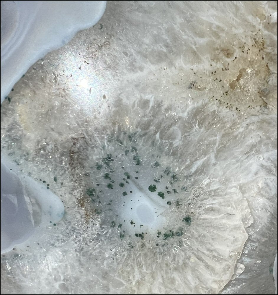 LifeSize Blue-Grey Agate GEODE Crystal Skull with Hematite+Chlorite inclusions, Sparkly Crystalline Formations