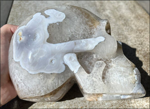 LifeSize Blue-Grey Agate GEODE Crystal Skull with Hematite+Chlorite inclusions, Sparkly Crystalline Formations