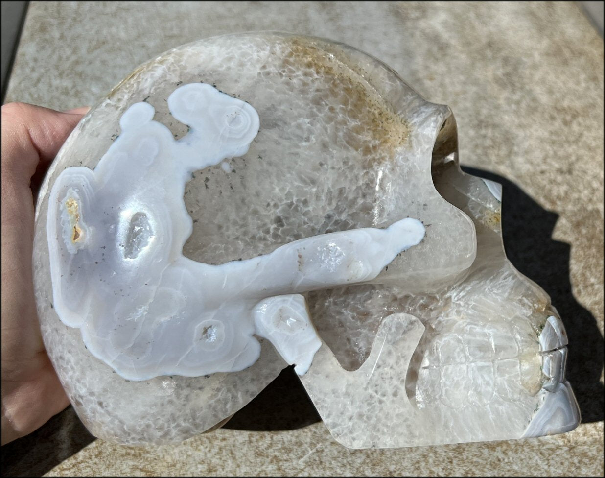 LifeSize Blue-Grey Agate GEODE Crystal Skull with Hematite+Chlorite inclusions, Sparkly Crystalline Formations