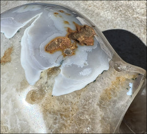 LifeSize Blue-Grey Agate GEODE Crystal Skull with Hematite+Chlorite inclusions, Sparkly Crystalline Formations