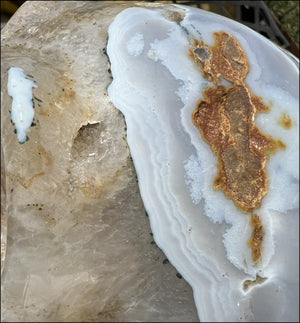 LifeSize Blue-Grey Agate GEODE Crystal Skull with Hematite+Chlorite inclusions, Sparkly Crystalline Formations