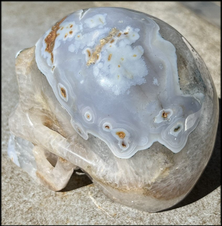 LifeSize Blue-Grey Agate GEODE Crystal Skull with Hematite+Chlorite inclusions, Sparkly Crystalline Formations