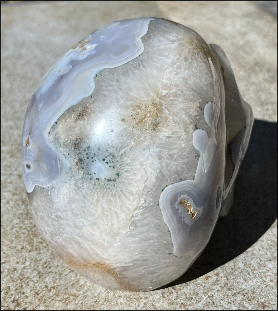 LifeSize Blue-Grey Agate GEODE Crystal Skull with Hematite+Chlorite inclusions, Sparkly Crystalline Formations