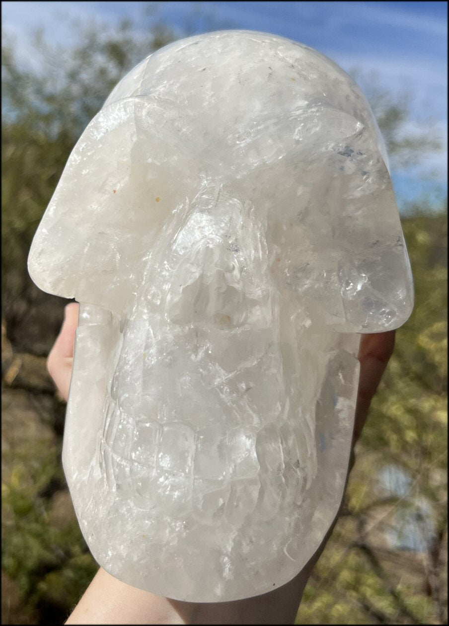 LifeSize Himalayan Quartz Crystal Skull with Shimmery Rainbows, Multi-Colored Hematite - 12lbs+