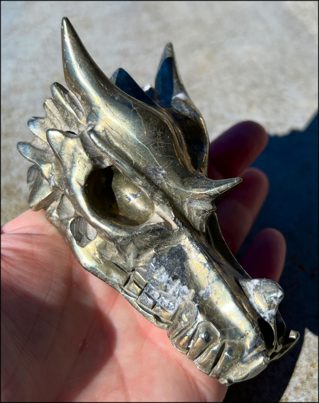Lg. Pyrite DRAGON Crystal Skull with Quartz inclusions - Intellect, Mental Clarity