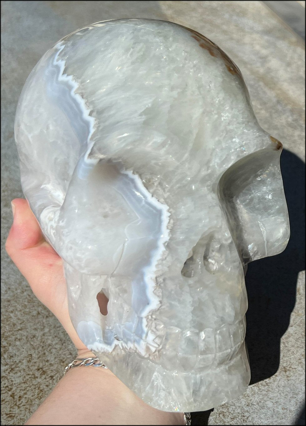 LifeSize Blue-Grey Agate GEODE Crystal Skull with Iron Dendrites