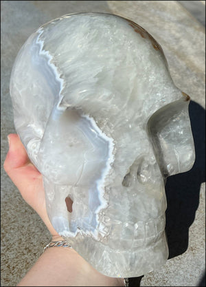 LifeSize Blue-Grey Agate GEODE Crystal Skull with Iron Dendrites