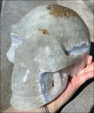 LifeSize Blue-Grey Agate GEODE Crystal Skull with Iron Dendrites