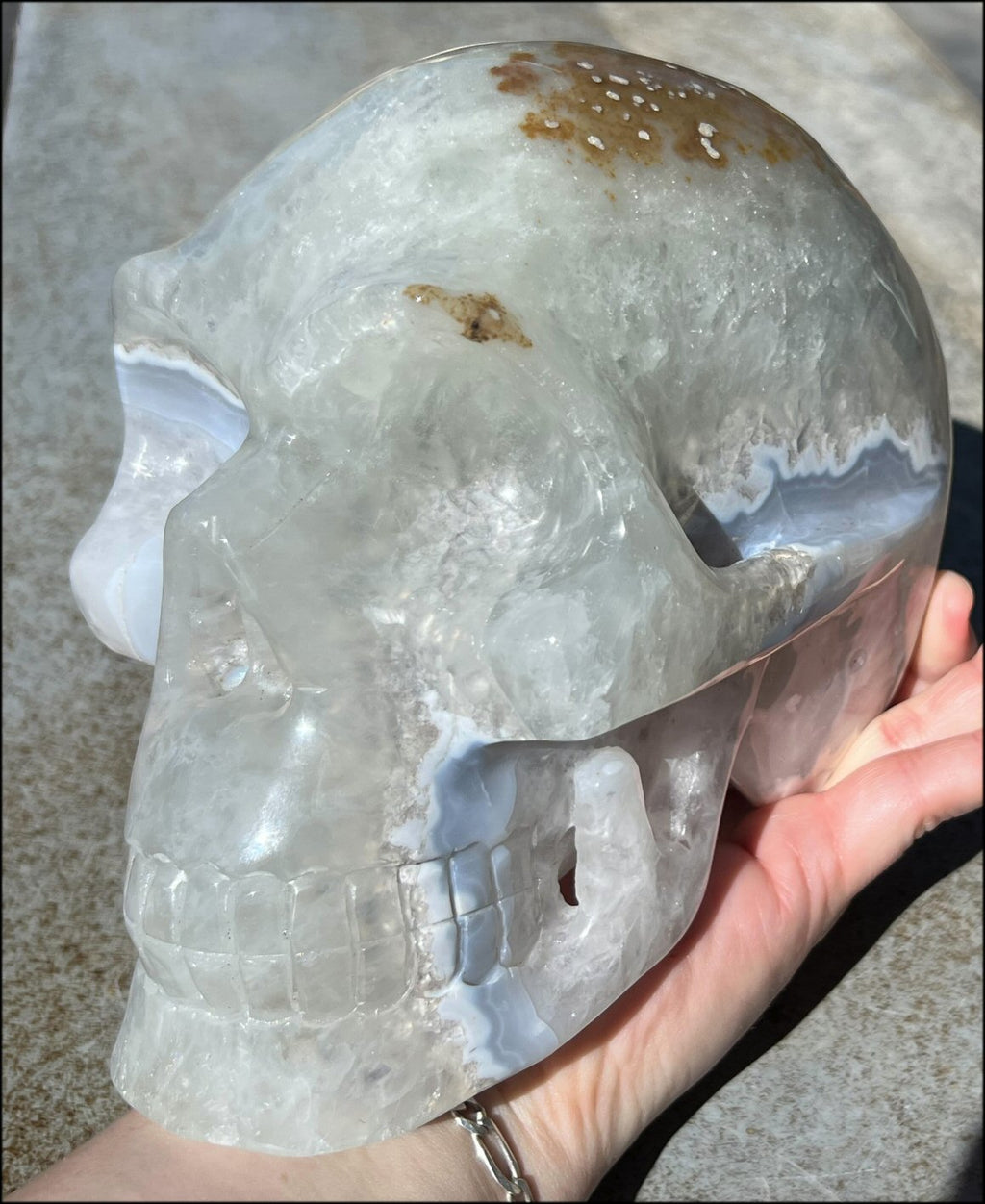 LifeSize Blue-Grey Agate GEODE Crystal Skull with Iron Dendrites