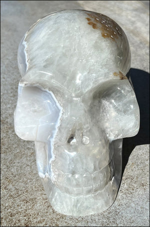 LifeSize Blue-Grey Agate GEODE Crystal Skull with Iron Dendrites