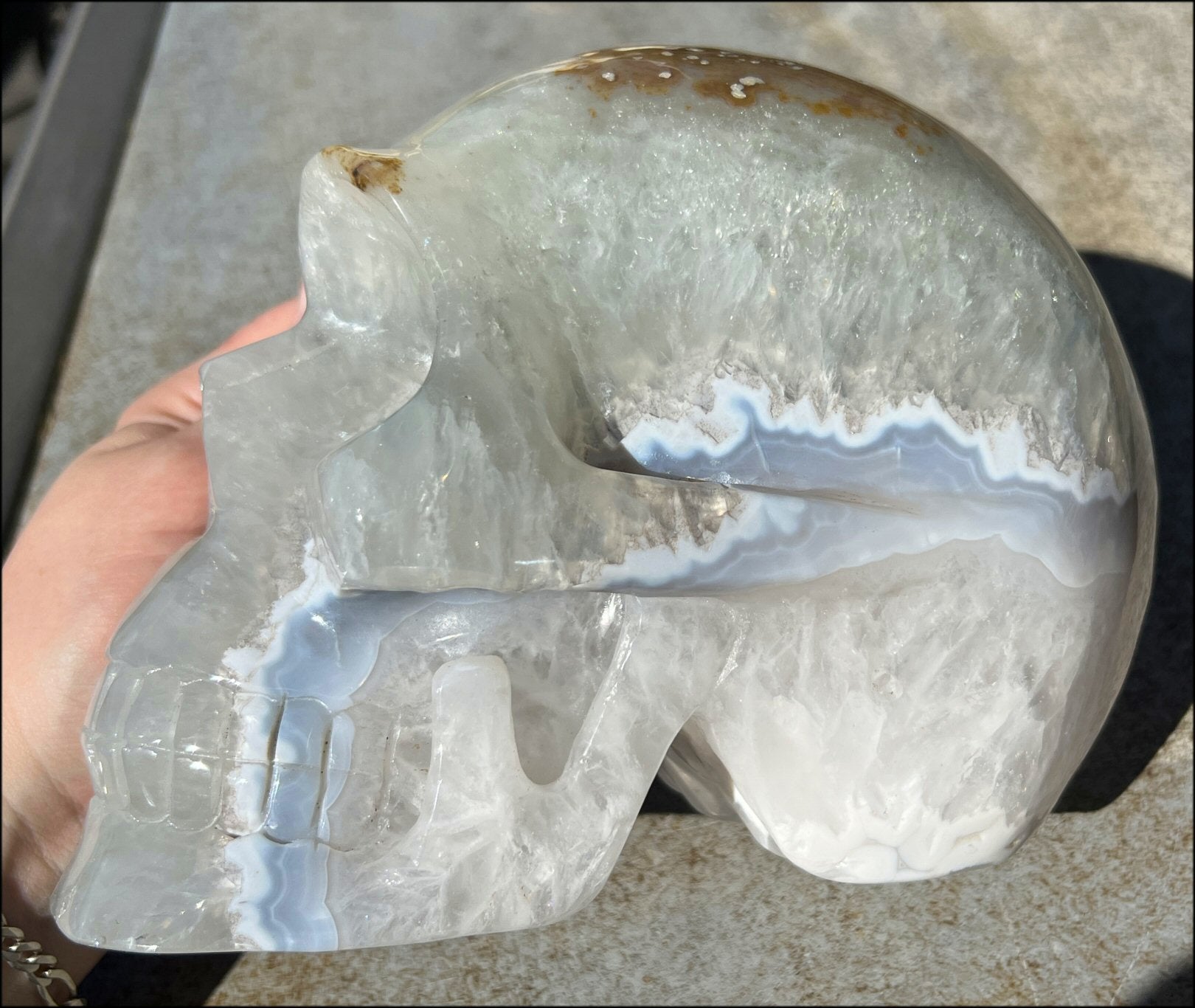 LifeSize Blue-Grey Agate GEODE Crystal Skull with Iron Dendrites