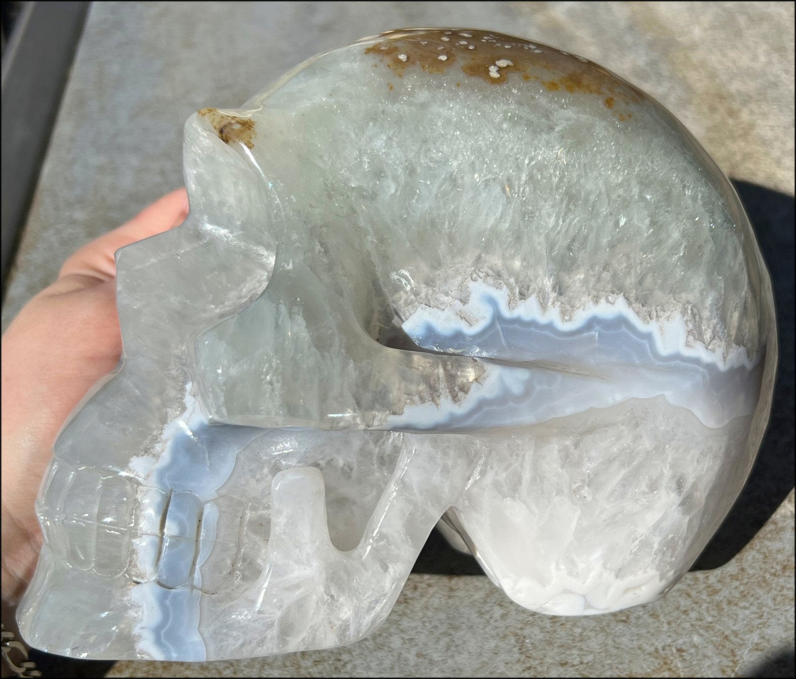 LifeSize Blue-Grey Agate GEODE Crystal Skull with Iron Dendrites