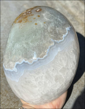 LifeSize Blue-Grey Agate GEODE Crystal Skull with Iron Dendrites