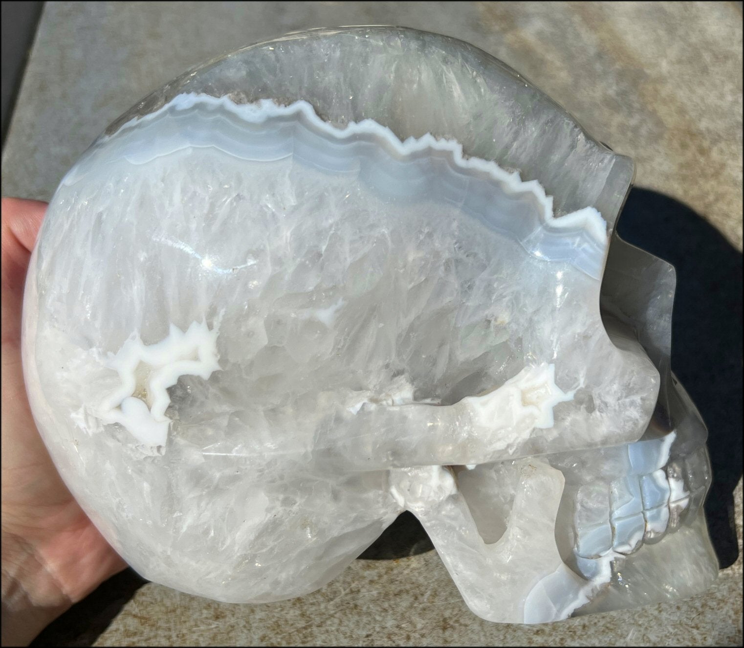 LifeSize Blue-Grey Agate GEODE Crystal Skull with Iron Dendrites