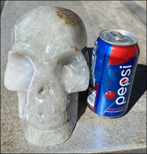 LifeSize Blue-Grey Agate GEODE Crystal Skull with Iron Dendrites