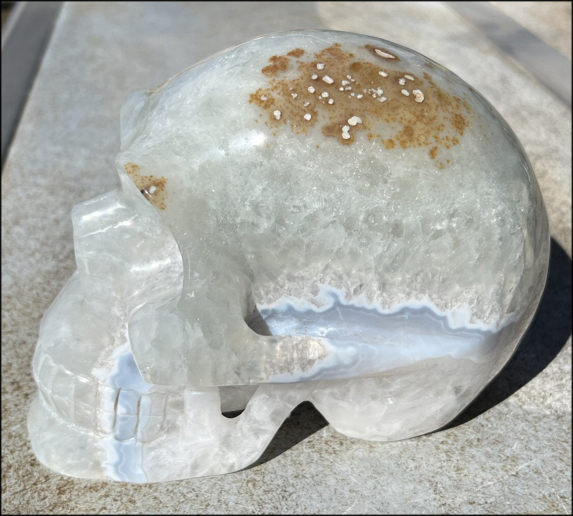 LifeSize Blue-Grey Agate GEODE Crystal Skull with Iron Dendrites