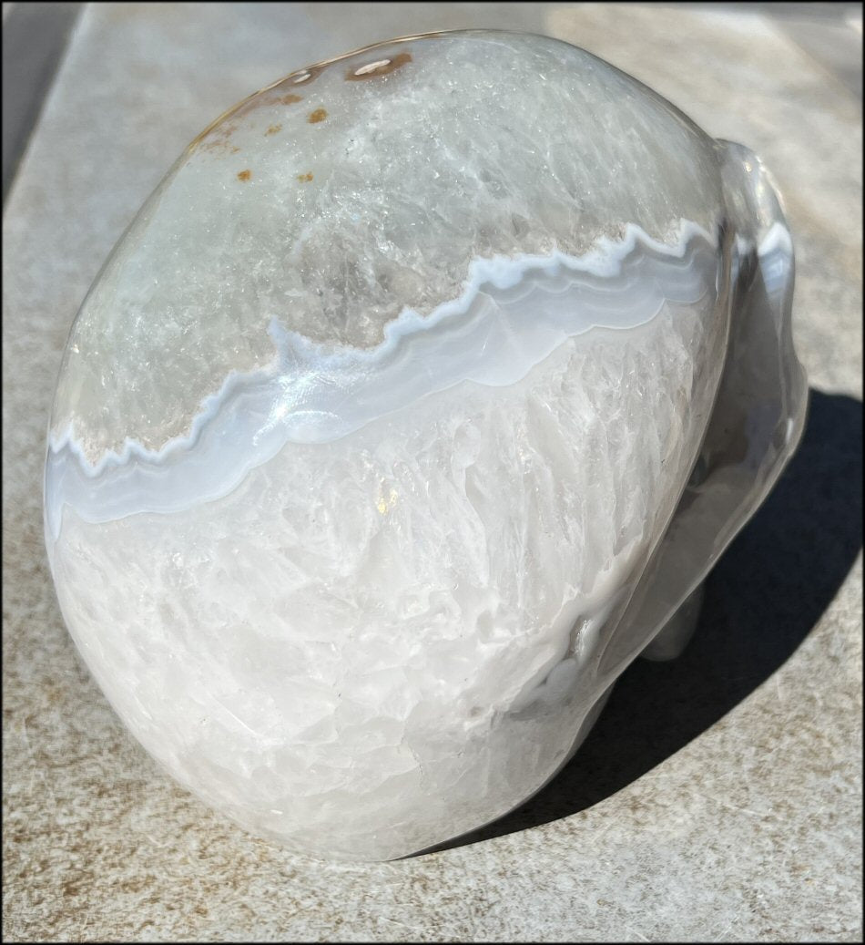 LifeSize Blue-Grey Agate GEODE Crystal Skull with Iron Dendrites
