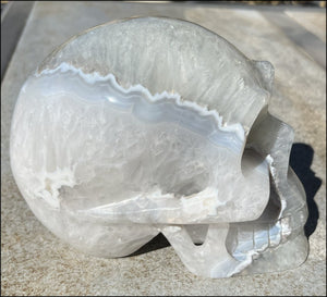 LifeSize Blue-Grey Agate GEODE Crystal Skull with Iron Dendrites