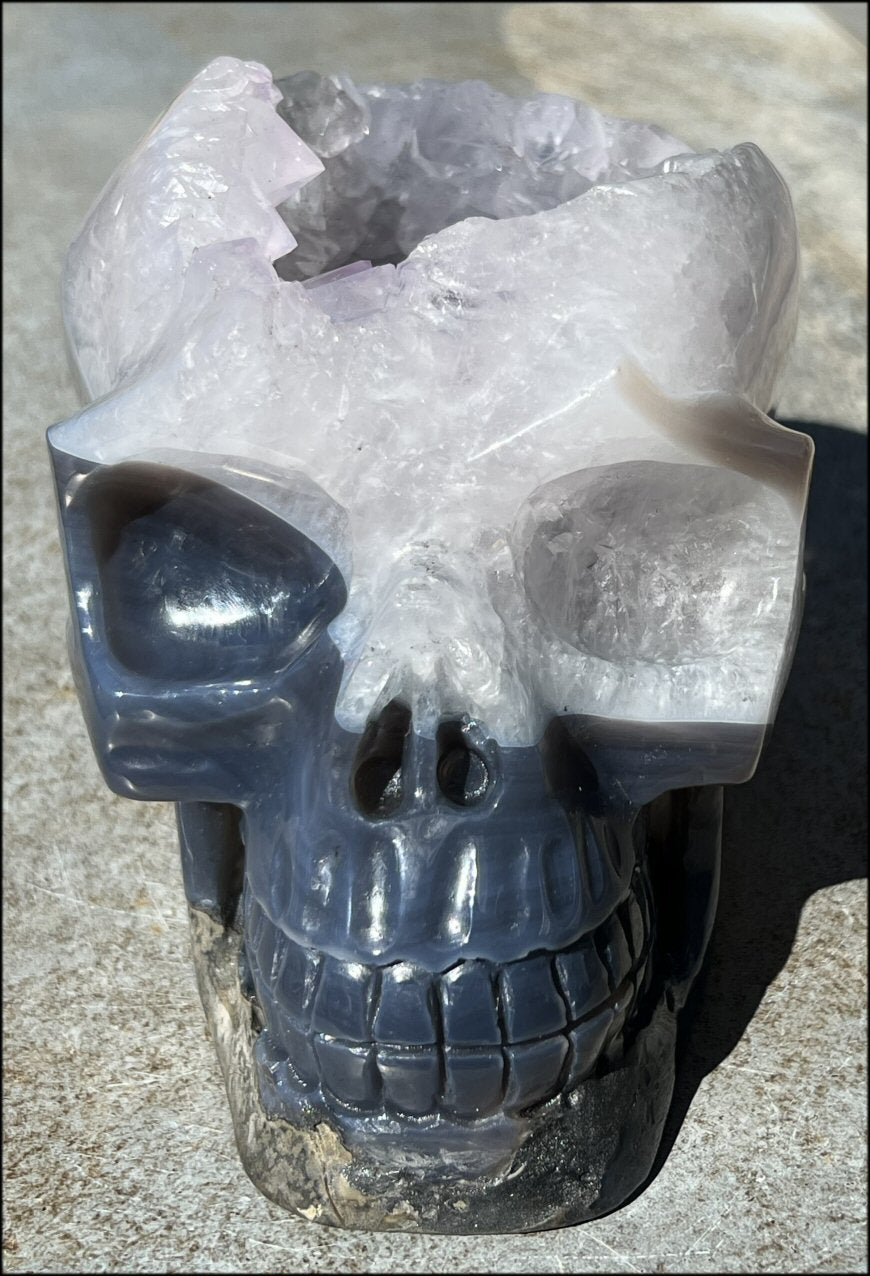 LifeSize Agate + Amethyst GEODE Crystal Skull with Fantastic Lg. Calcite Crystal inclusion! - 9lbs+