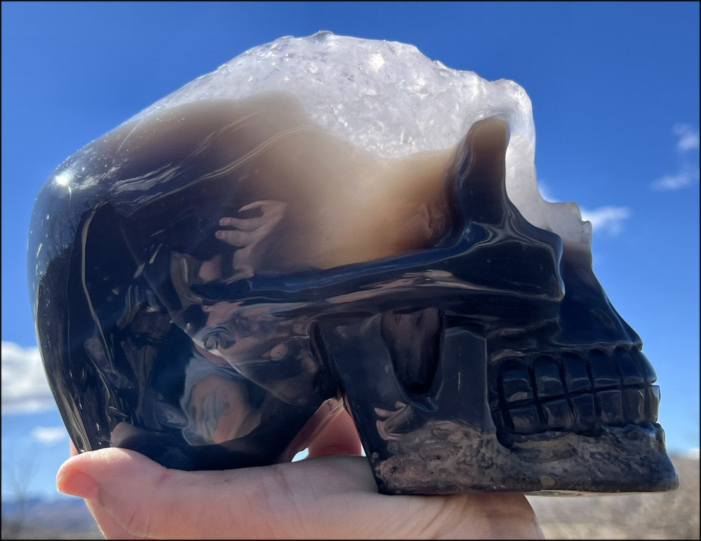 LifeSize Agate + Amethyst GEODE Crystal Skull with Fantastic Lg. Calcite Crystal inclusion! - 9lbs+