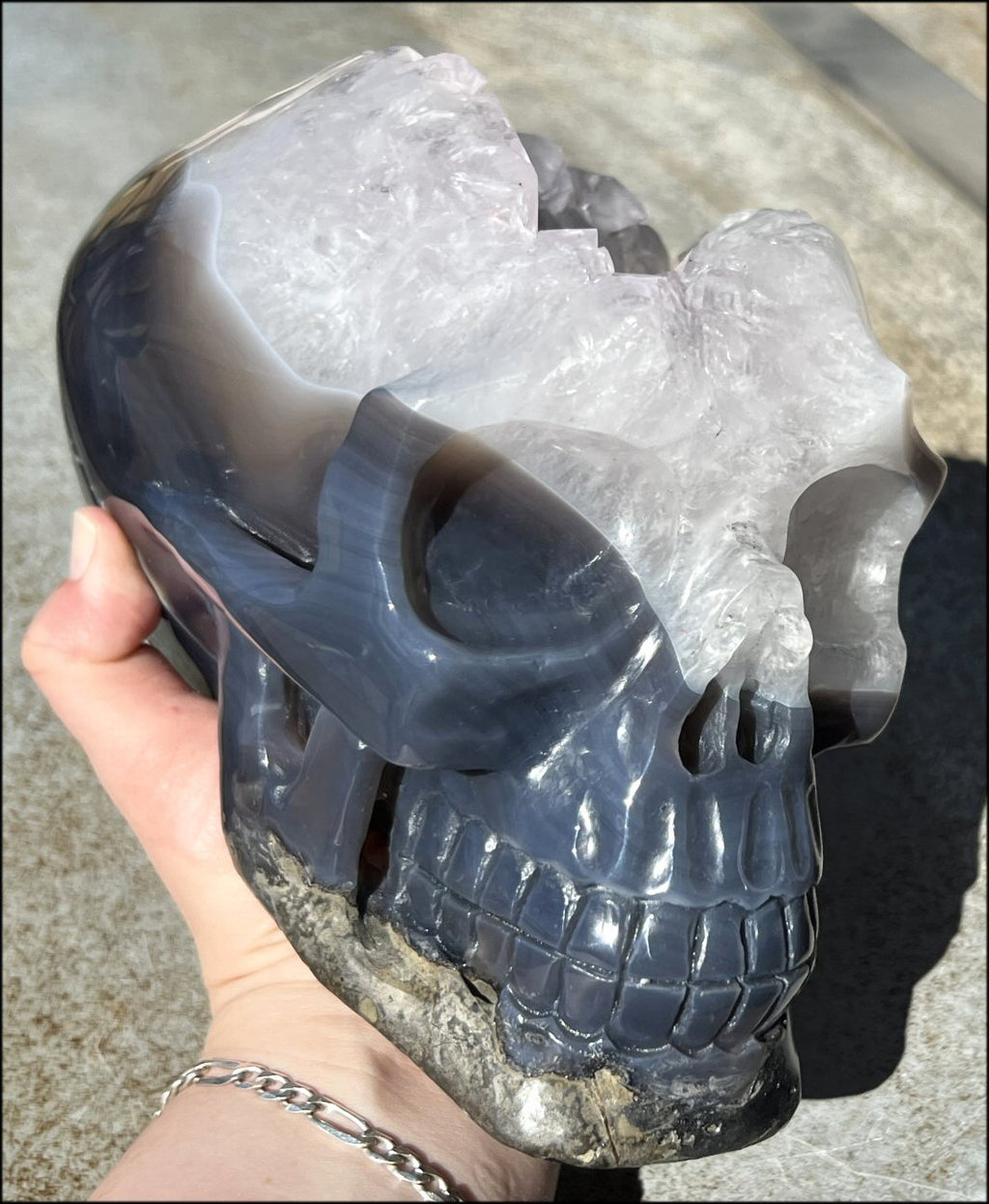 LifeSize Agate + Amethyst GEODE Crystal Skull with Fantastic Lg. Calcite Crystal inclusion! - 9lbs+