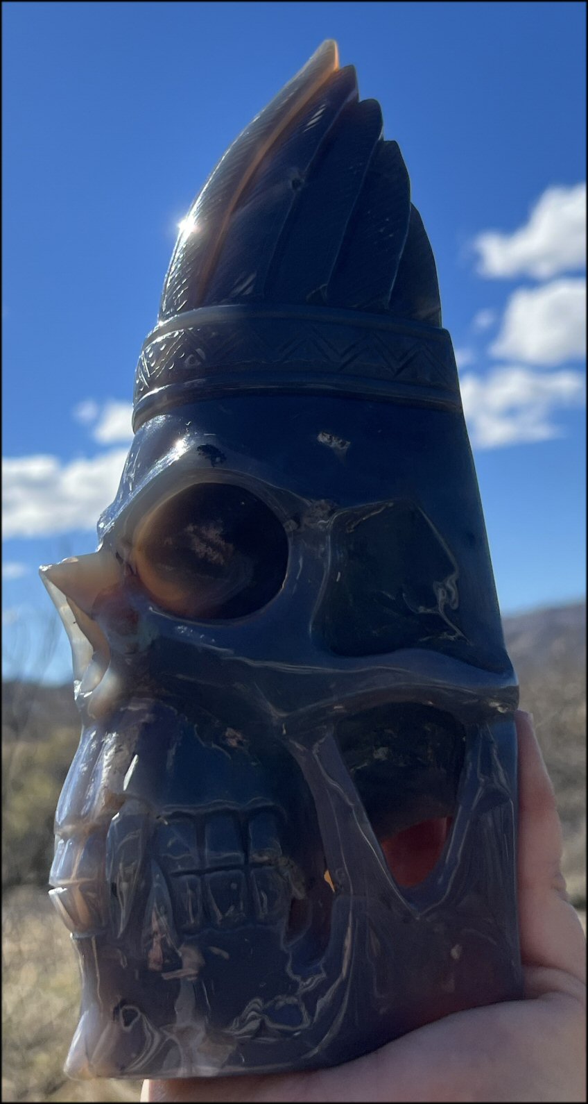 ~New~ Dark Blue-Grey Agate SPIRIT GUARDIAN Crystal Skull with Bi-Colored Dendritic inclusions, Vugs