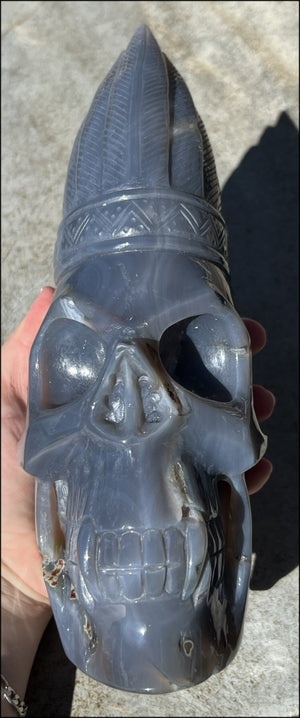 ~New~ Dark Blue-Grey Agate SPIRIT GUARDIAN Crystal Skull with Bi-Colored Dendritic inclusions, Vugs