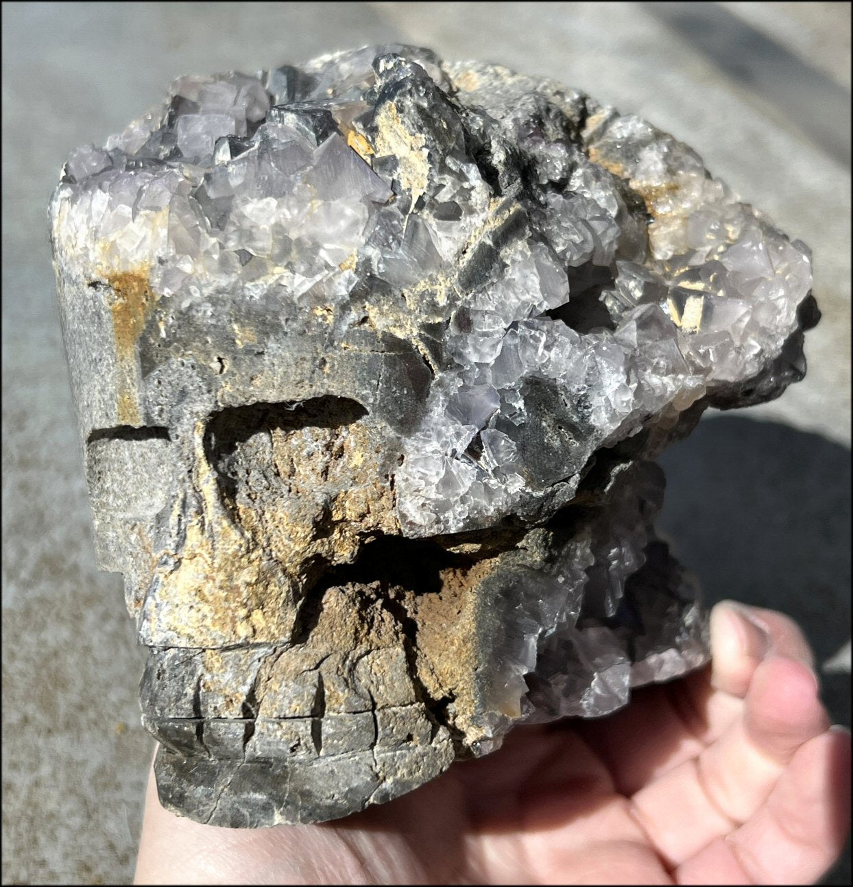 Blue-Grey Cubic FLUORITE + Limestone Metamorphosis Crystal Skull