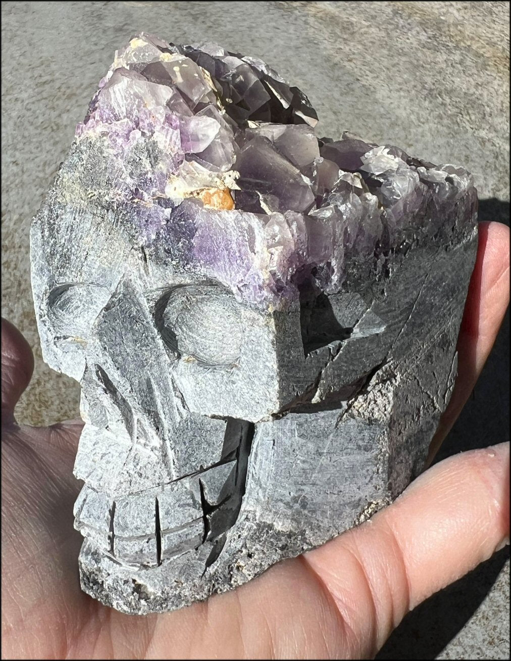 Limestone + Cubic Purple FLUORITE Metamorphosis Crystal Skull - Great for meditation!