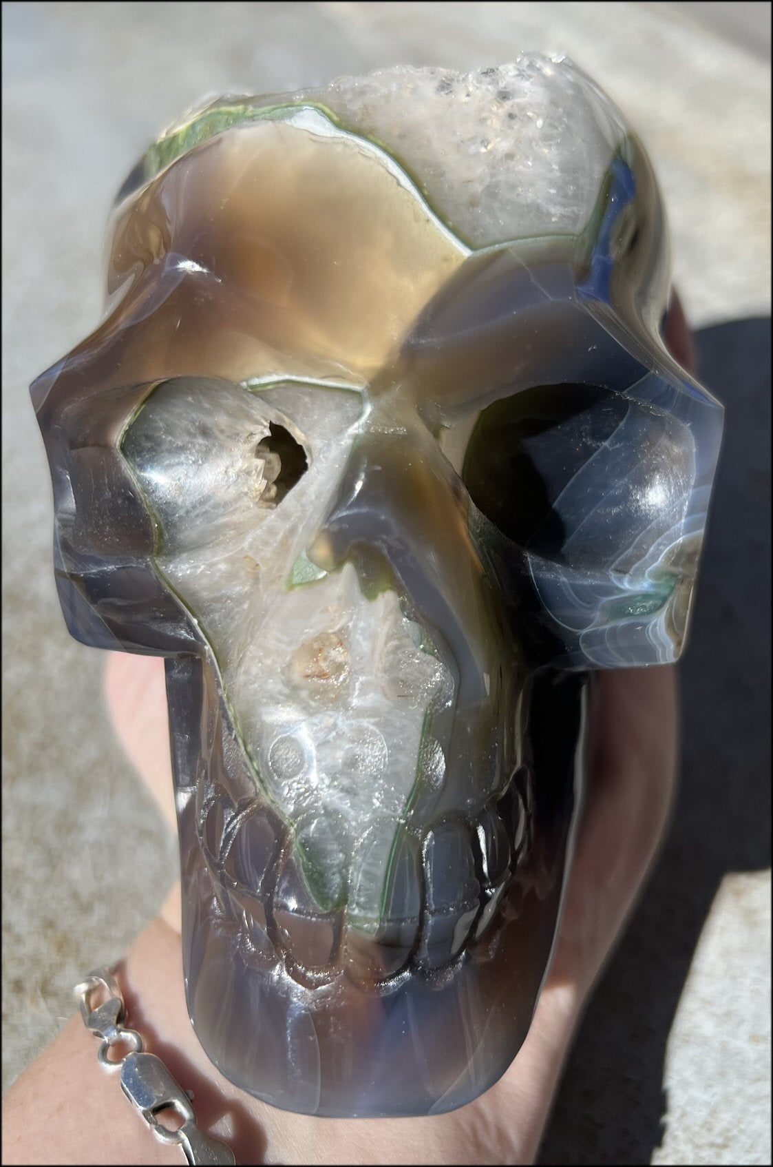 Baby Life-Size Agate GEODE Crystal Skull with BIG Druzy-lined VUG!