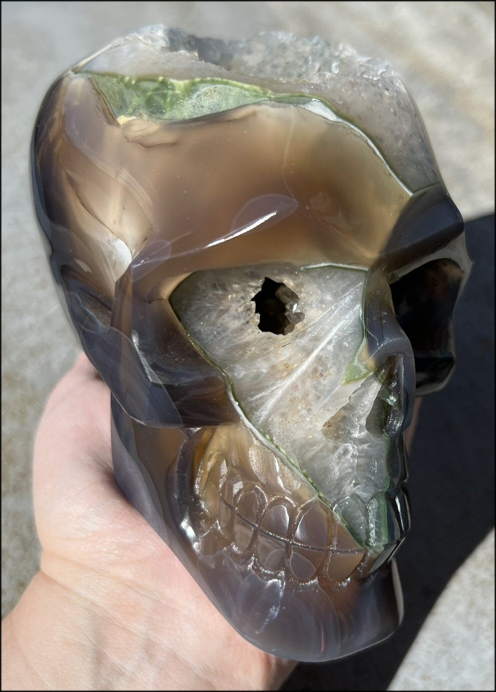 Baby Life-Size Agate GEODE Crystal Skull with BIG Druzy-lined VUG!