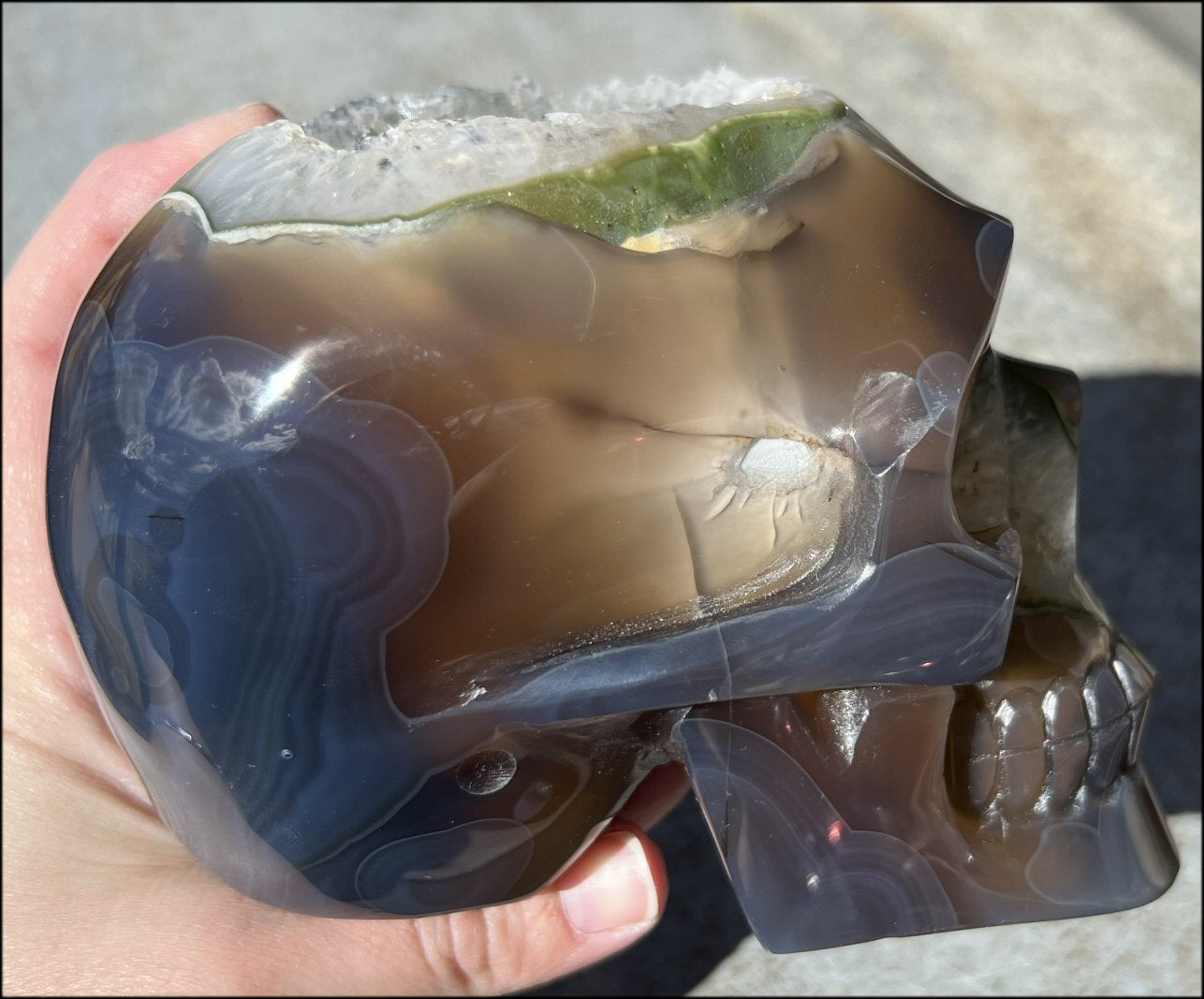 Baby Life-Size Agate GEODE Crystal Skull with BIG Druzy-lined VUG!