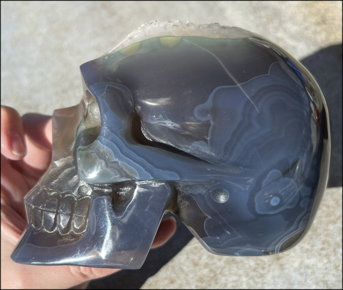 Baby Life-Size Agate GEODE Crystal Skull with BIG Druzy-lined VUG!