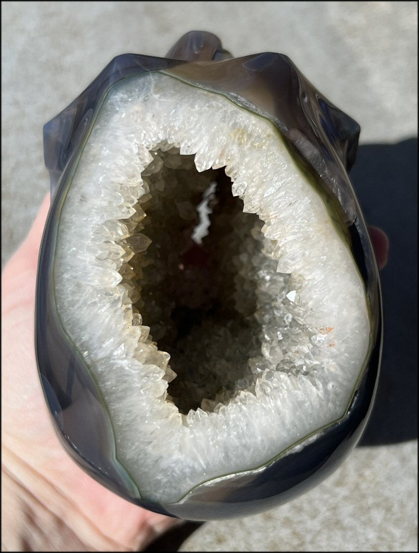 Baby Life-Size Agate GEODE Crystal Skull with BIG Druzy-lined VUG!