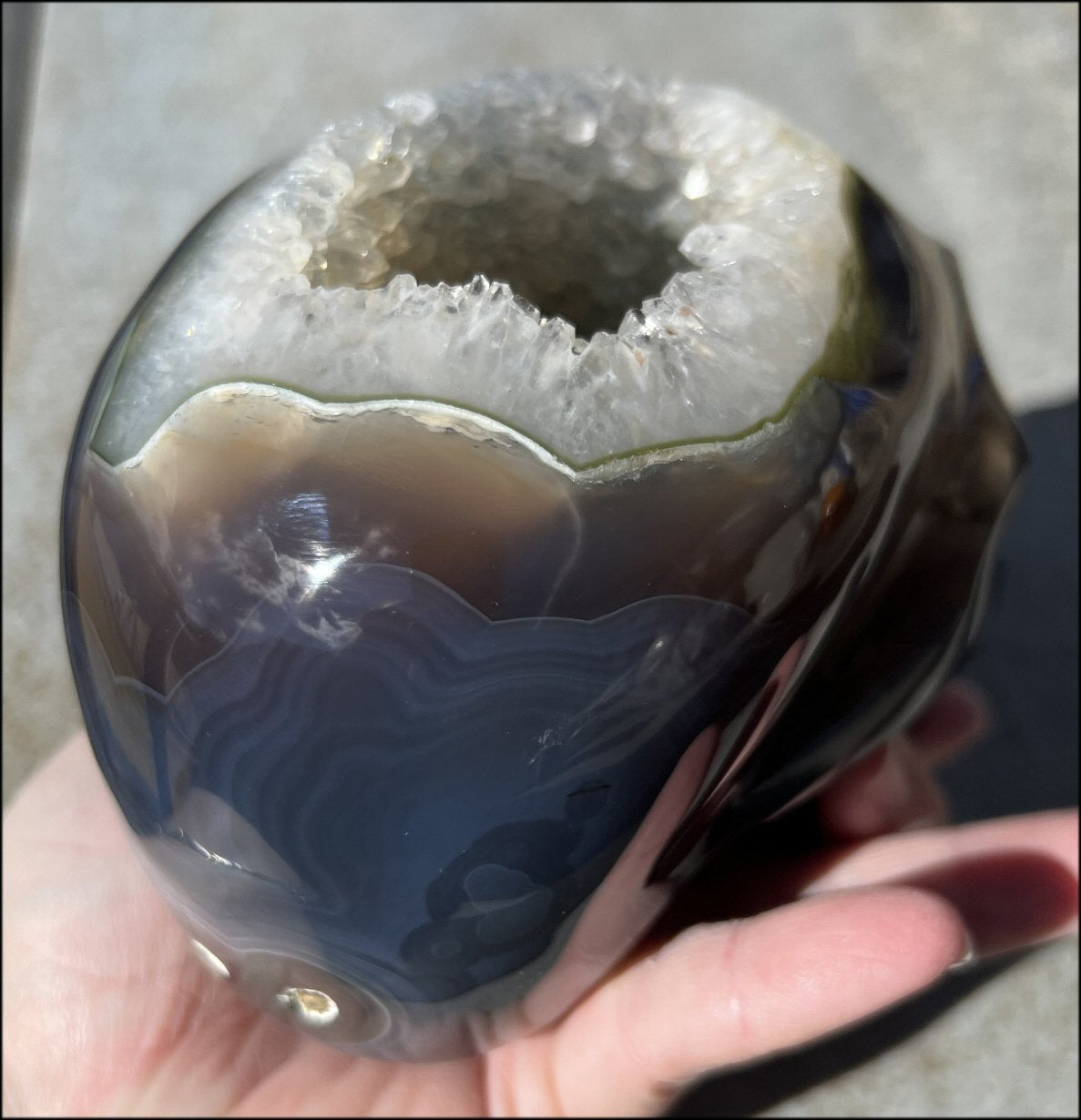 Baby Life-Size Agate GEODE Crystal Skull with BIG Druzy-lined VUG!