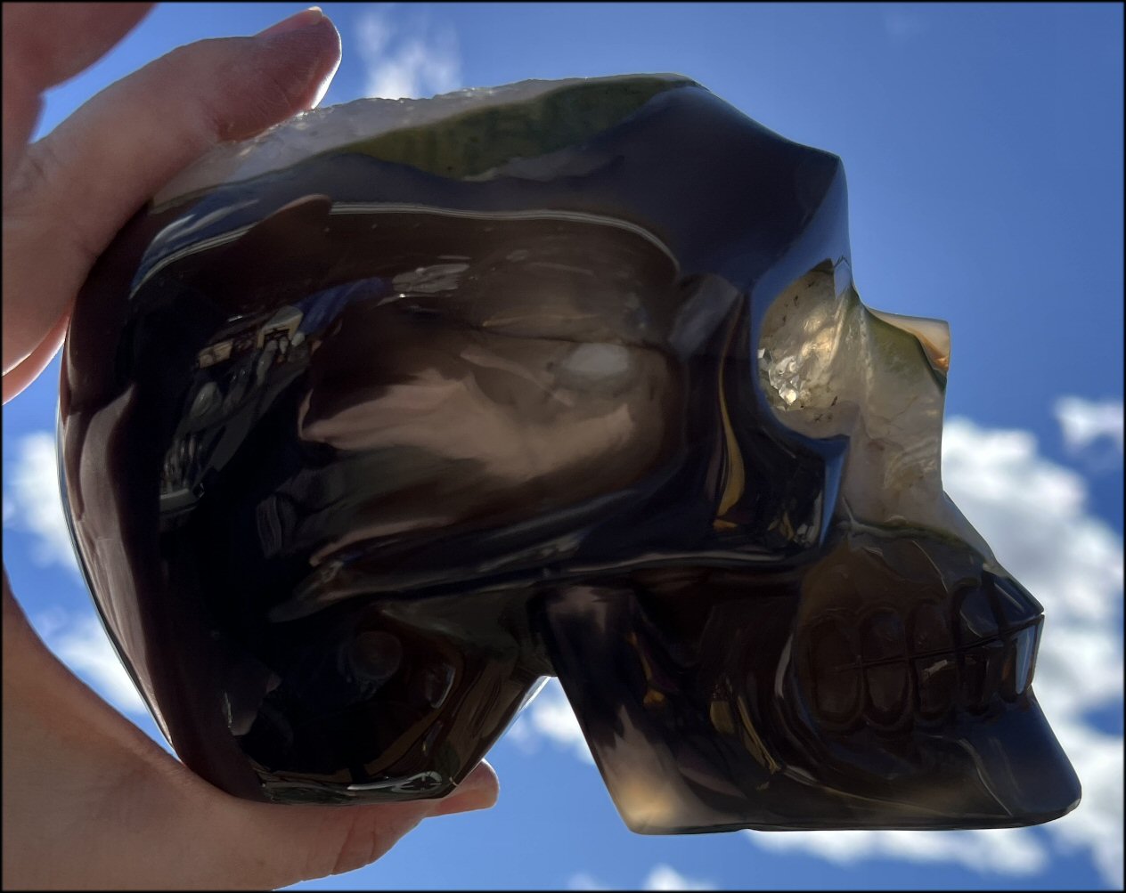 Baby Life-Size Agate GEODE Crystal Skull with BIG Druzy-lined VUG!