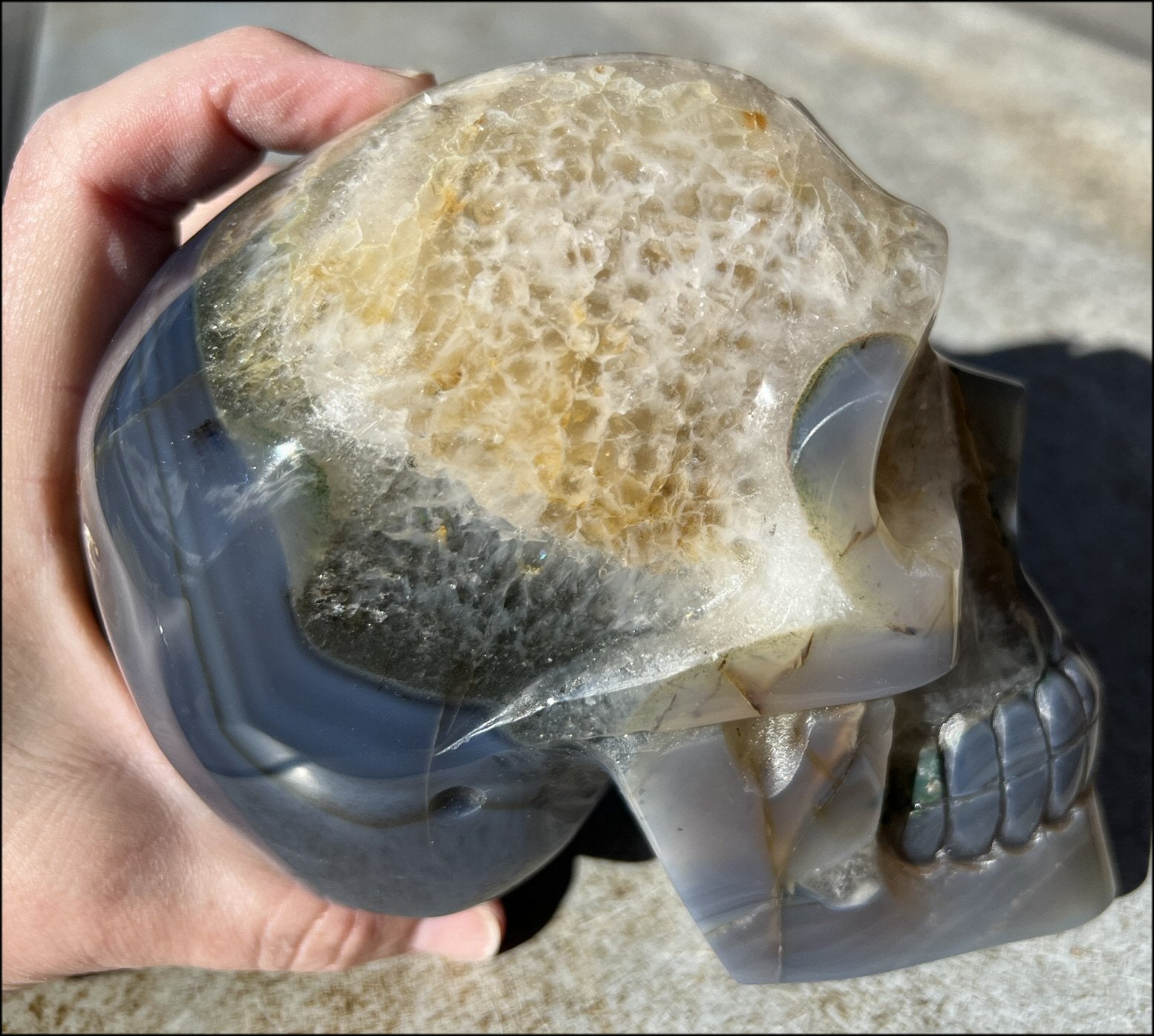 Baby Life-Size Agate GEODE Crystal Skull with Hematite and Chlorite inclusions