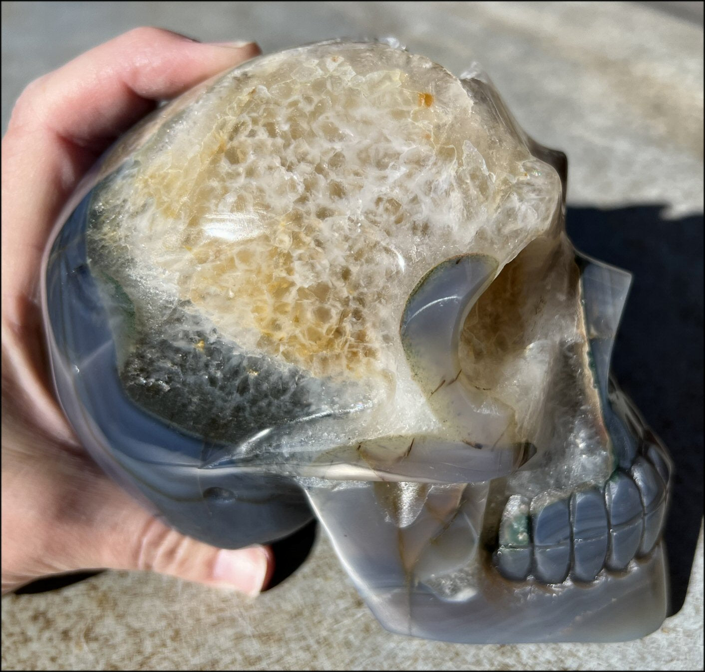 Baby Life-Size Agate GEODE Crystal Skull with Hematite and Chlorite inclusions